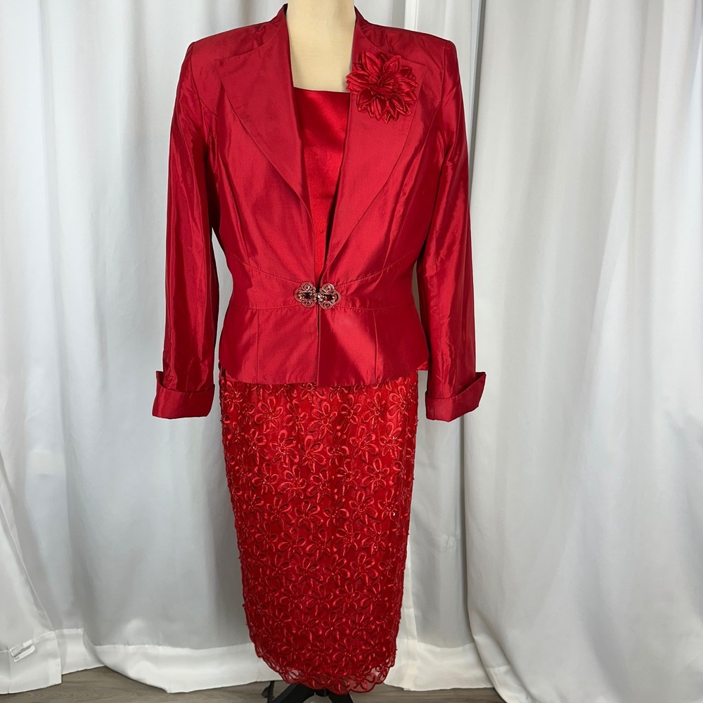 Lily & Taylor Red Silk Skirt Suit Set Womens Size 6 Floral Formal Church READ